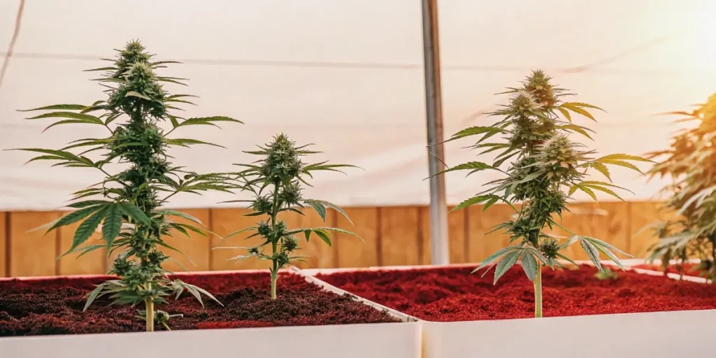 Outdoor garden with multiple autoflower cannabis plants in white raised beds filled with reddish soil, with some light filtering through the greenhouse roof.