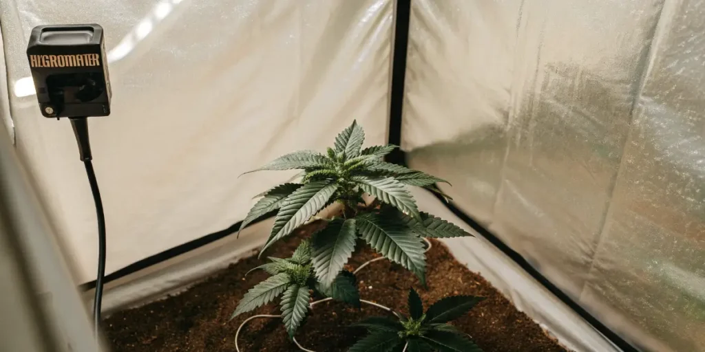 Hyper-realistic photograph of an autoflower cannabis plant with a "HIGROMATER" device in a reflective grow tent.