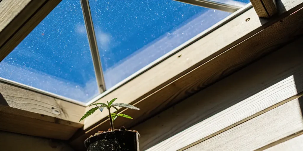 Close-up of an autoflower cannabis seedling in a pot, positioned under a skylight with a clear blue sky visible through a wooden frame.