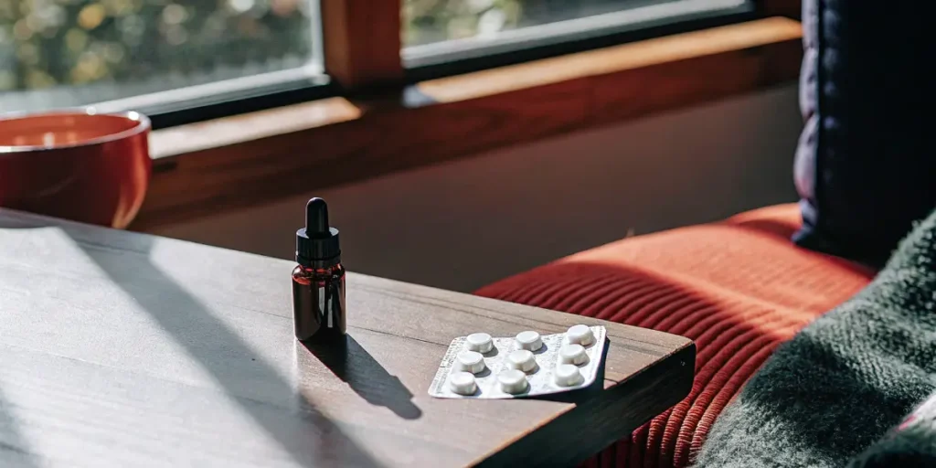 Close-up of a brown CBD oil dropper bottle and a blister pack of white pills on a wooden side table, with a red mug and window in the background.