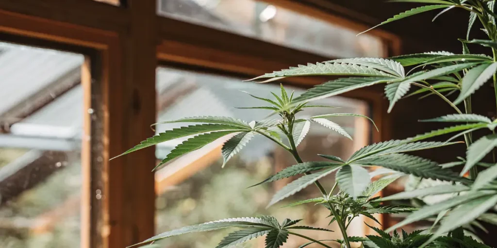 Close-up of a vibrant green cannabis plant with developing buds, near a wooden-framed greenhouse window.