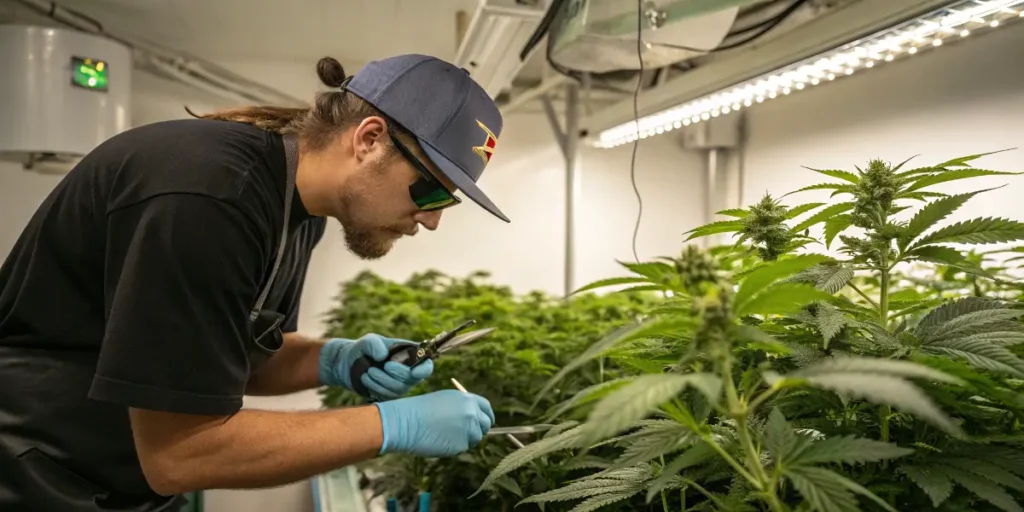 Man trimming cannabis plants under LED grow lights during indoor pruning process.
