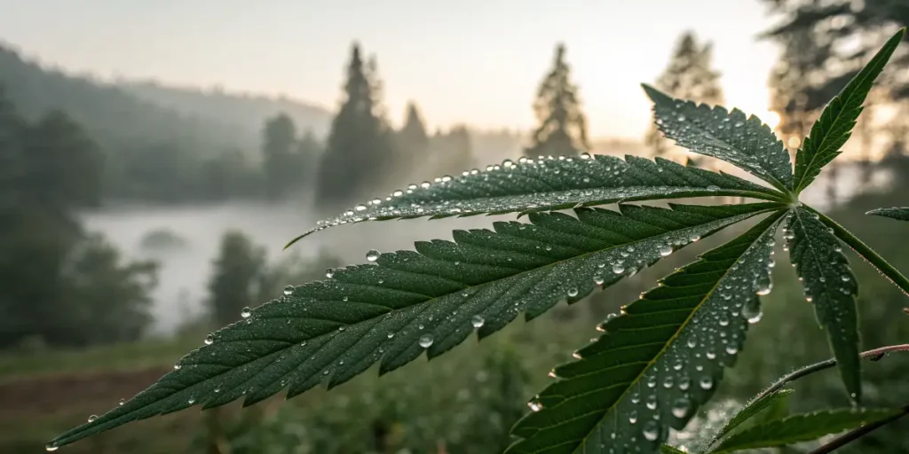 Cannabis in Lebanon leaf with dew drops under soft morning light in a foggy forest.