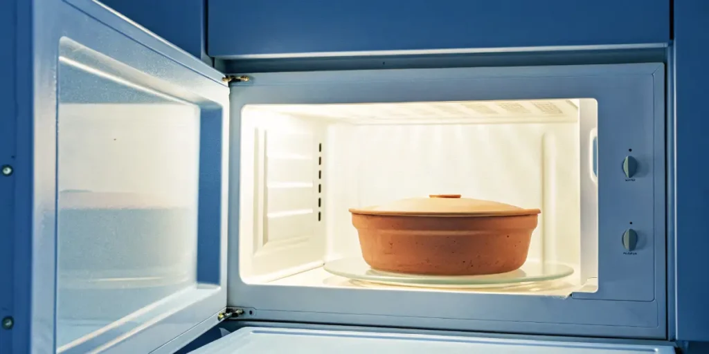 Wide-angle shot of an orange clay pot with a lid sitting on a glass plate inside an open, illuminated microwave oven.