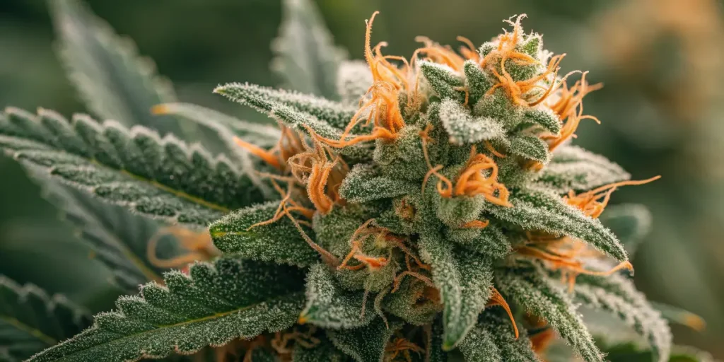 Close-Up of Orange Sherbet Buds covered in crystal trichomes and bright orange pistils against a green blurred background.