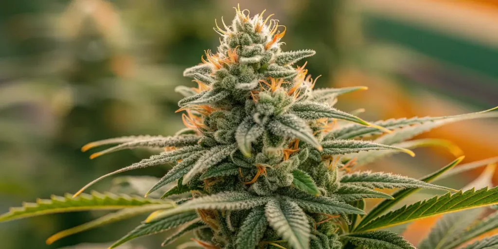 Close-Up of Tangie Cannabis Bud covered in frosty trichomes with orange pistils and green leaves under warm light.