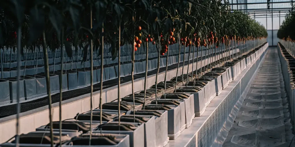 Side-angle view of a large-scale commercial greenhouse filled with rows of ripening tomato plants in white containers.