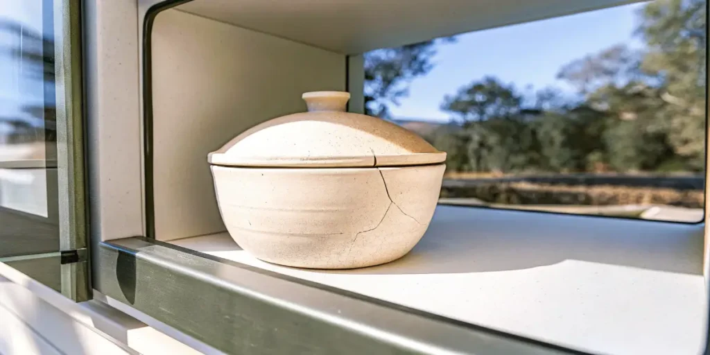 Close-up of a cracked light-colored clay pot with a lid, sitting on a shelf, with outdoor foliage in background.