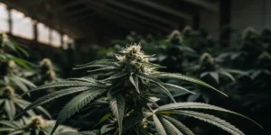 Close-up of an autoflower cannabis plant with a dense bud and dark green leaves, in a dimly lit greenhouse.