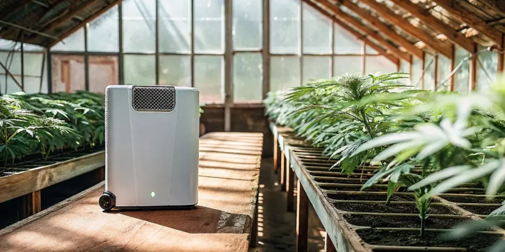 White compact dehumidifier on a wooden bench, actively working amidst rows of cannabis plants in a sunlit greenhouse.