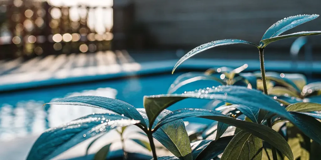 Close-up of a vibrant, healthy 5-fingered plant with dew drops, beside a blue swimming pool.