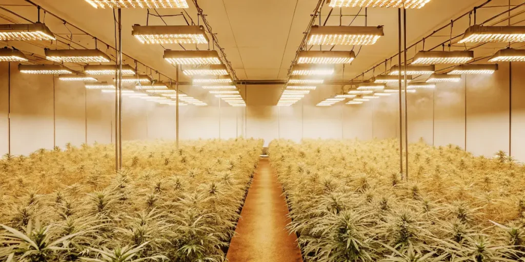 Expansive indoor grow room filled with rows of golden-hued cannabis plants under bright overhead lights, with a central aisle.