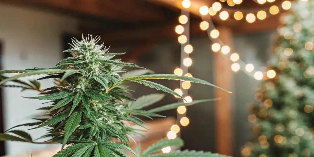 Close-up of a vibrant green cannabis plant with buds, with blurred golden string lights in the background.