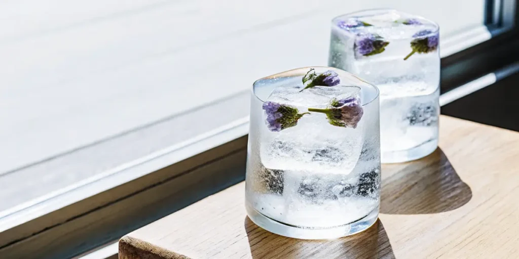 Close-up of two glasses with large, translucent ice cubes, each containing a delicate purple flower, on a wooden surface.
