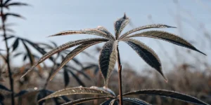 Close-up of a vibrant, healthy 5-fingered cannabis leaf, covered in frost, under a clear sky.