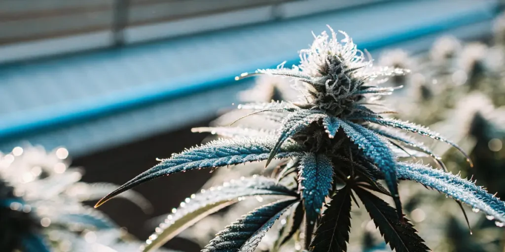 Macro photograph of a frosty cannabis bud with sparkling water droplets, possibly from hydrogen peroxide, in a grow room.