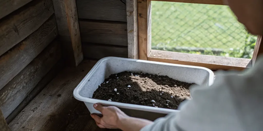 Close-up of gardener's hands holding a white tray filled with dark soil mixed with perlite, next to a wooden window.