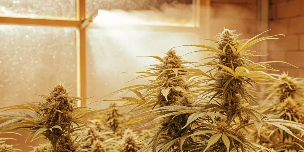 Close-up of dense, lush autoflower cannabis buds with golden-hued leaves under warm, natural light in a greenhouse.