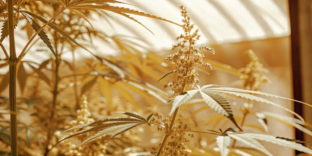 Close-up of golden-hued cannabis pollen sacs and leaves, illuminated by warm light in a greenhouse.