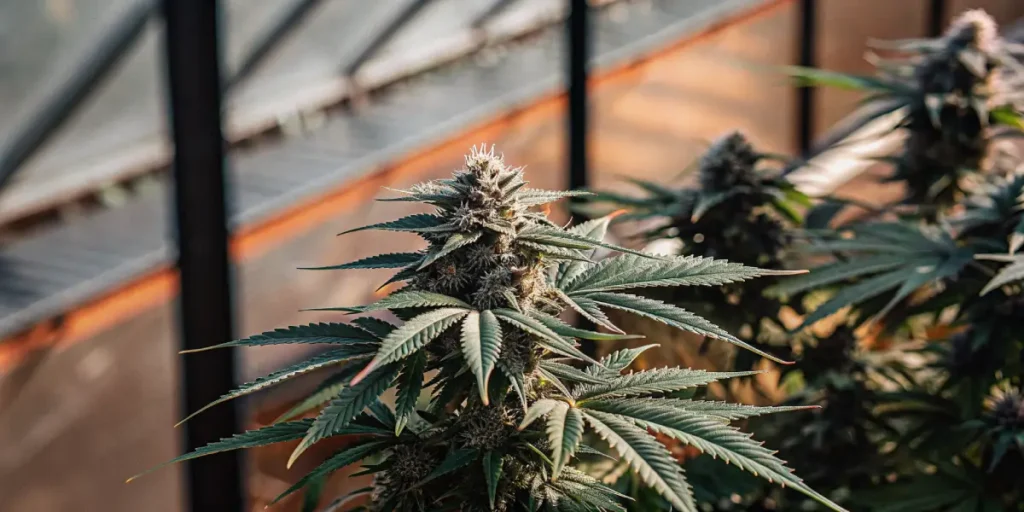 Close-up of a lush cannabis plant with dense bud, bathed in golden light from a greenhouse roof.