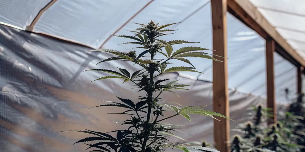 Close-up of a mature cannabis plant with buds under diffused sunlight in a greenhouse with a white roof.