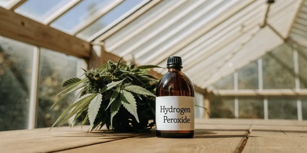 Close-up of a glass bottle labeled "Hydrogen Peroxide" next to a cannabis bud and leaves on a wooden table, in a greenhouse.