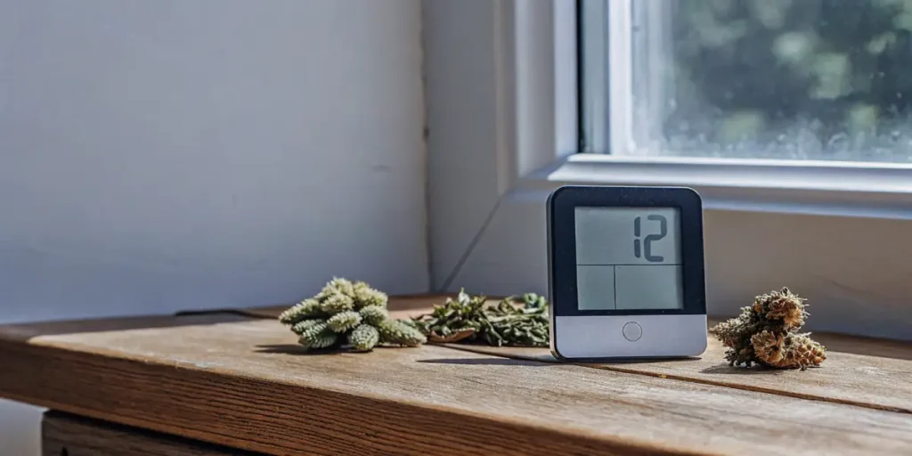 Close-up of a digital hygrometer displaying "12" on a wooden windowsill, flanked by dried cannabis buds and leaves.