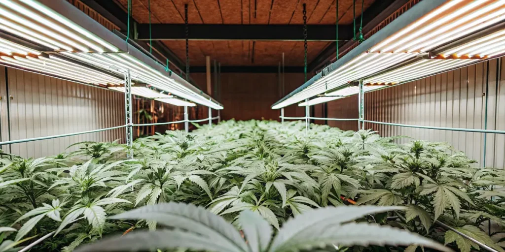High-angle view of a dense indoor cannabis canopy under long rows of bright grow lights.
