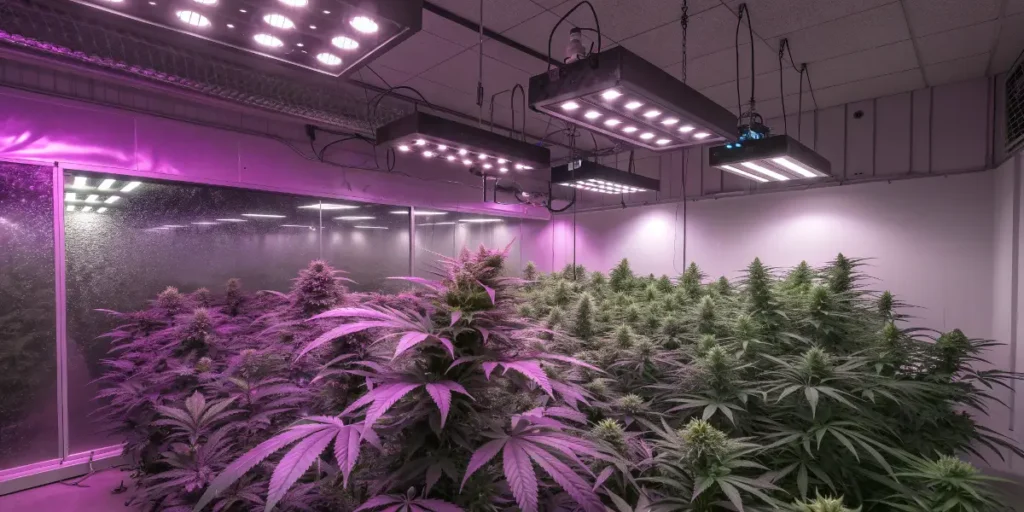 Indoor Cannabis Cultivation showing dense cannabis plants under purple LED grow lights in a reflective grow room.