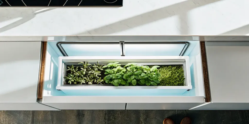 Overhead shot of an intricate indoor hydroponic garden, a drawer with various green plants under grow lights, built into a kitchen counter.