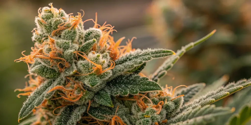 Macro View of Orange Sherbet Buds covered in frosty trichomes and vivid orange pistils in natural light.