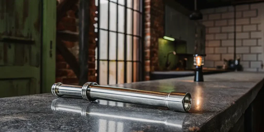 Metallic 3-hole hash pipe resting on a granite countertop in a modern industrial kitchen.