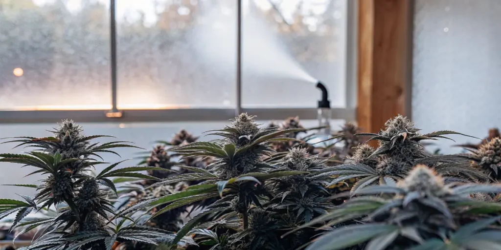Close-up of dense, lush autoflower cannabis buds, with visible mist from a sprinkler, near a window.