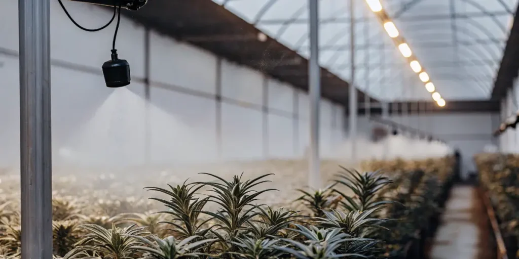 Wide-angle view of an indoor growing room or greenhouse with rows of plants and mist from overhead nozzles, under bright lights.