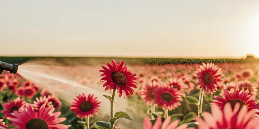 Vibrant field of red sunflowers being misted by a sprinkler at sunset, creating a hazy glow.