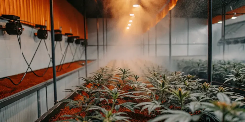 Wide-angle view of an indoor growing room filled with rows of plants and mist from overhead sprinklers, under warm lights.