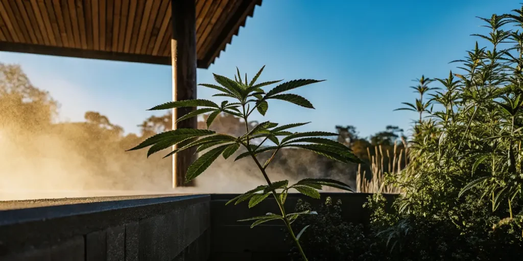 Serene outdoor garden with a young cannabis plant, mist rising, and blue sky, in early morning light.