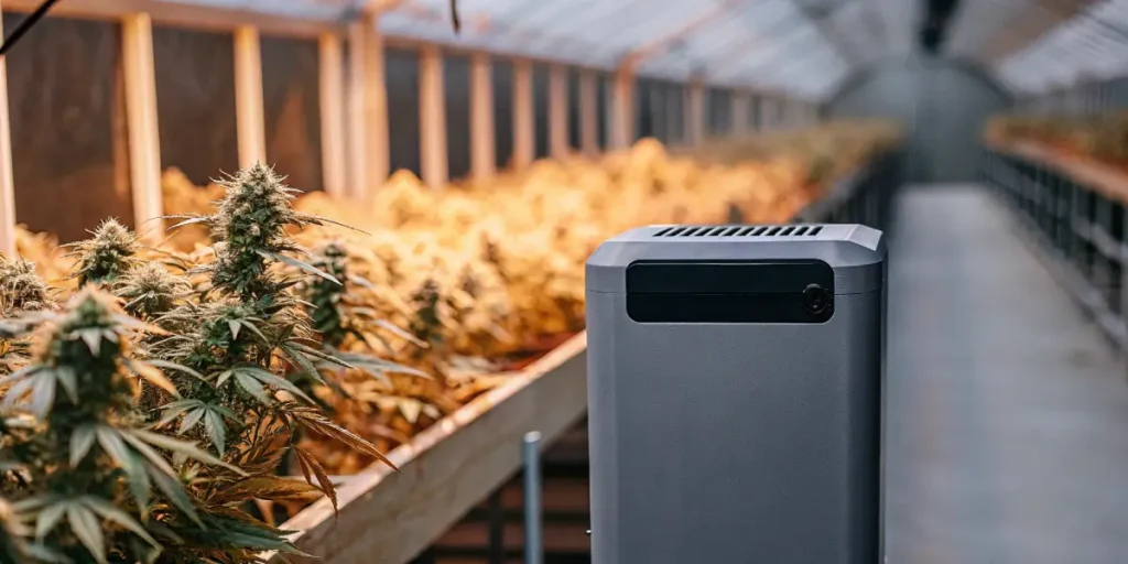 Sleek gray dehumidifier positioned beside lush cannabis plants with golden hues in a well-lit greenhouse.