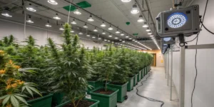 Modern Indoor Cannabis Cultivation Facility with rows of tall plants under bright LED lights in a climate-controlled room.