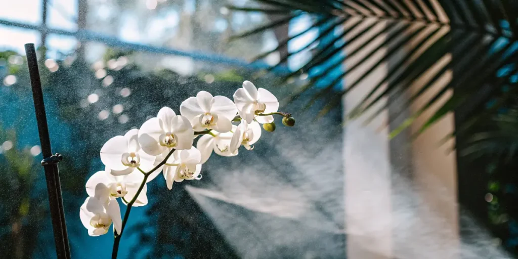 Close-up of a delicate pink orchid branch in a hazy, sunlit tropical greenhouse with blurred foliage.