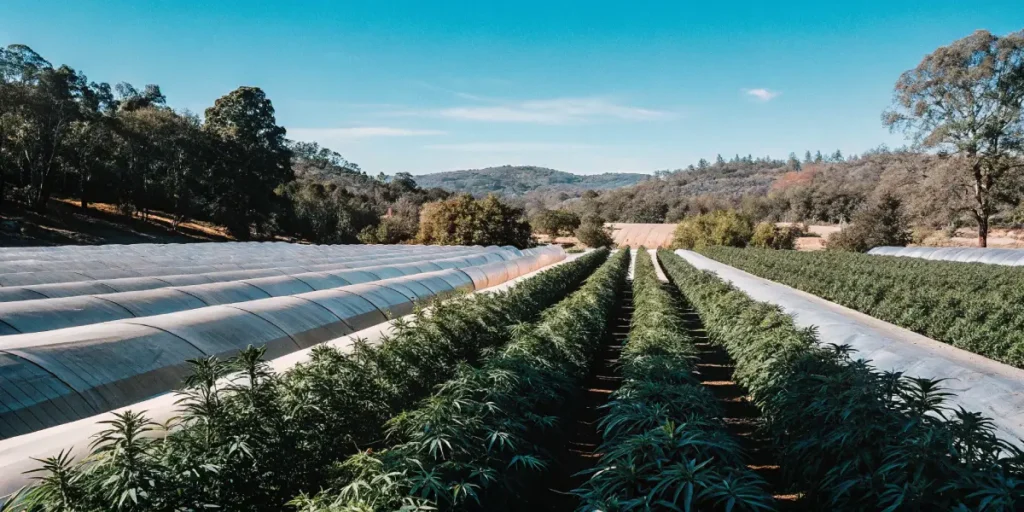 Expansive view of a lush cannabis farm with rows of plants and greenhouse tunnels, nestled in a valley with distant hills under a blue sky.