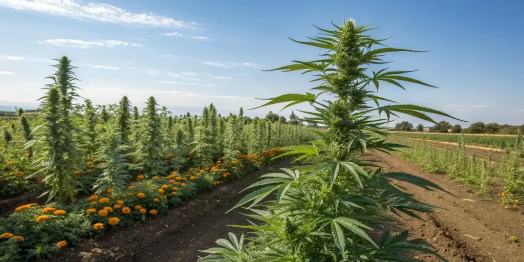 Wedding Crasher cannabis plants growing tall in an outdoor field beside bright marigold flowers.