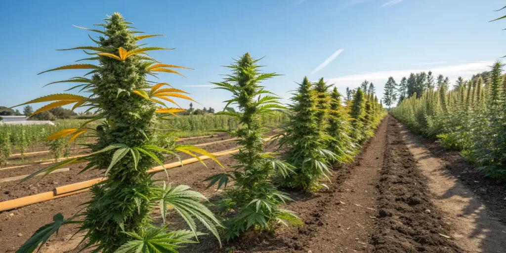 Outdoor Garden with Orange Sherbet Plants lined in rows under bright sunlight with tall green and yellow leaves.