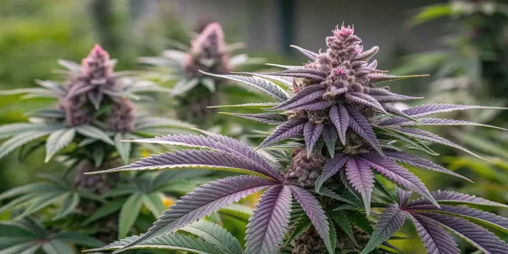 Outdoor Purple Lemonade Cannabis Plants featuring tall buds with purple tones and lush green leaves under soft daylight.