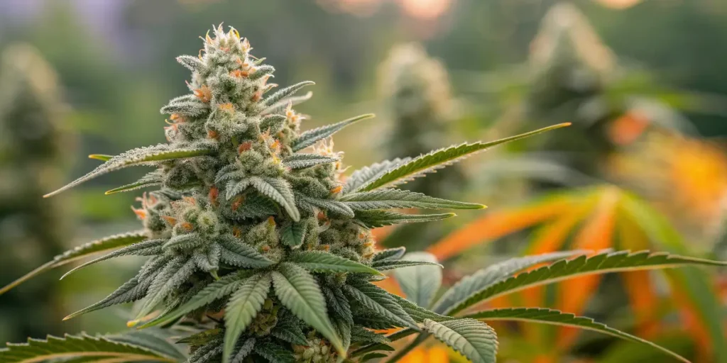 Outdoor Tangie Cannabis Plant with thick buds, orange pistils, and green leaves surrounded by soft natural light.