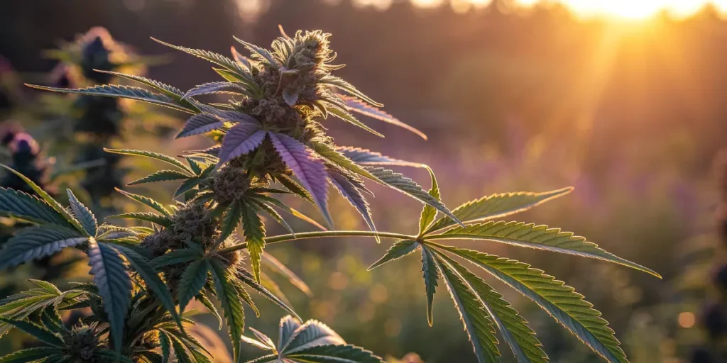 Potential Synergy Between Cannabinoids & Terpenes shown in vibrant cannabis plant glowing under sunset light.