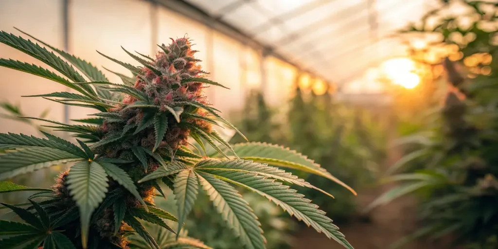 Potential Synergy Between Cannabinoids & Terpenes highlighted by cannabis buds under warm evening sunlight.