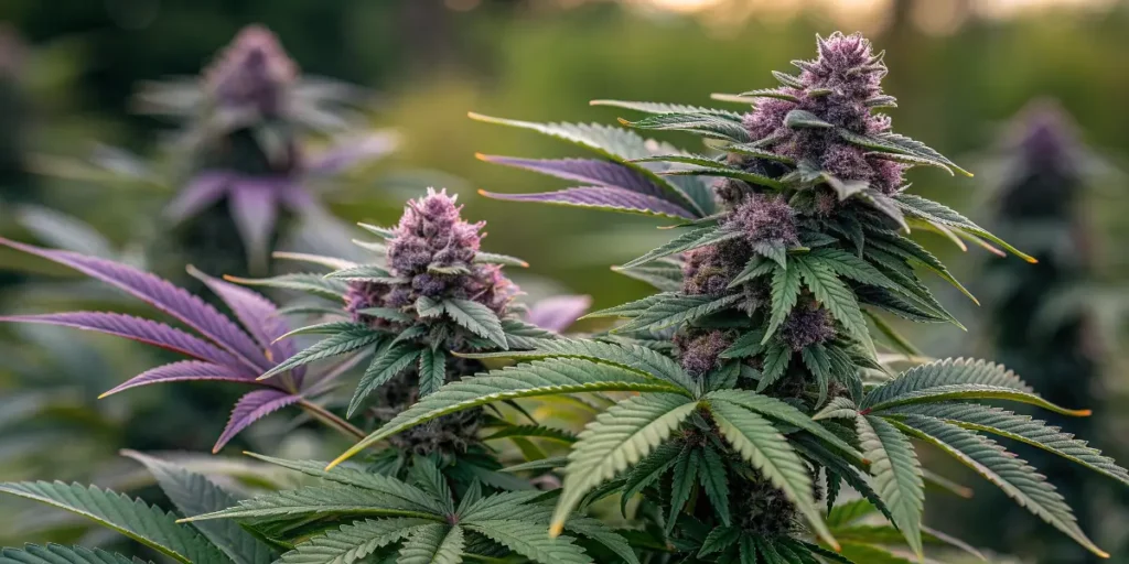 Purple Lemonade Cannabis Bud Close-Up showing vibrant purple leaves and dense trichome-covered flowers in natural light.