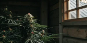 Macro photograph of a cannabis bud with red pistils, in a rustic indoor setting with a sunlit window.