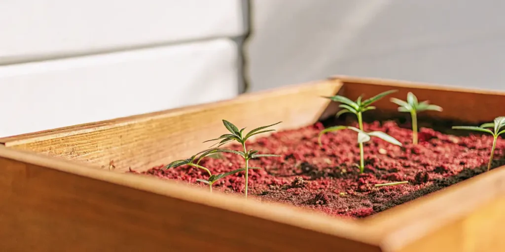 Close-up of young cannabis seedlings growing in red soil within a wooden raised bed, bathed in sunlight.